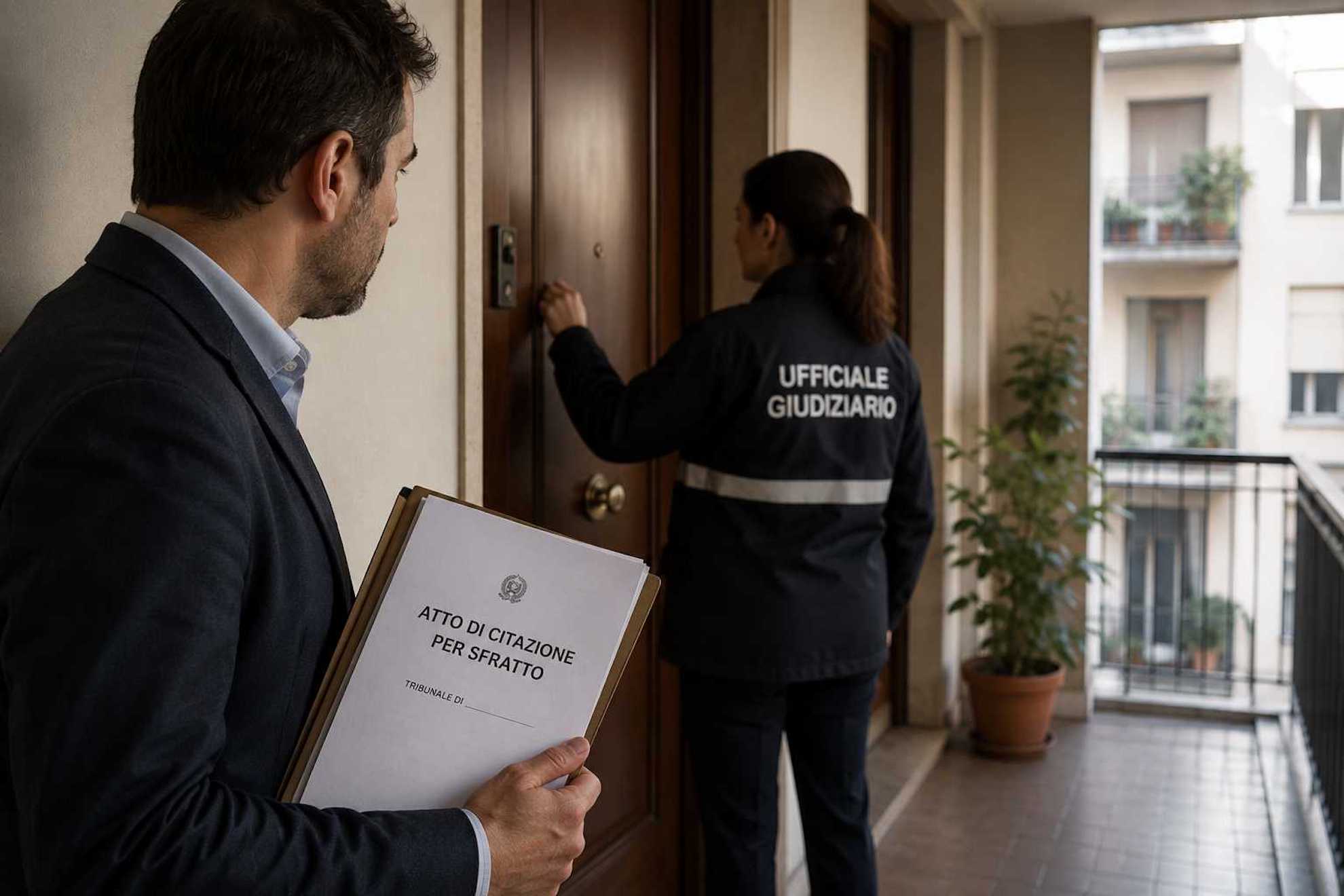 Sfratto: procedura di rilascio dell’immobile con avvocato e ufficiale giudiziario Avvocato e ufficiale giudiziario notificano uno sfratto presso un'abitazione